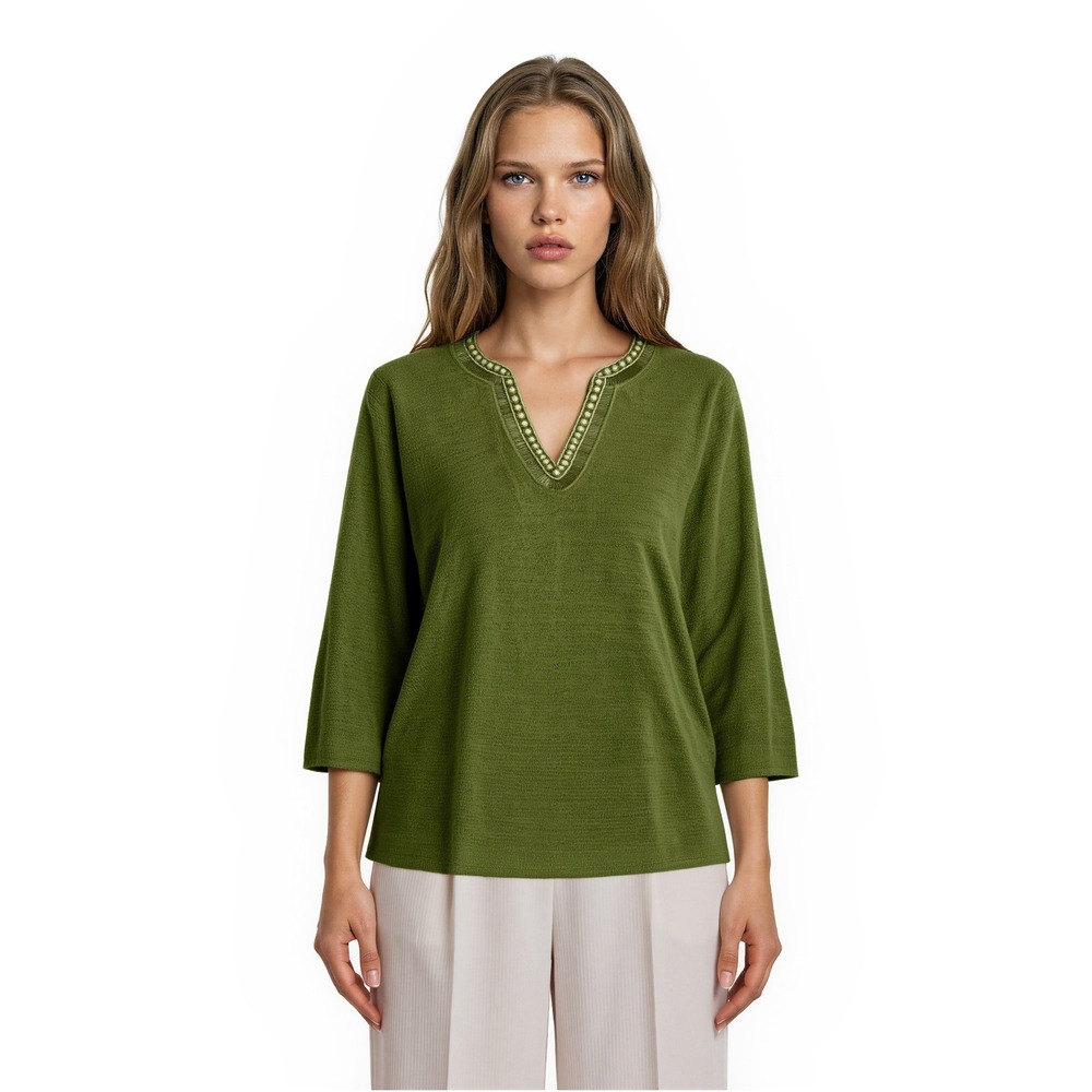 Chico's 100% Linen Tunic Top Women's Size 3 US XL Green Beaded V Neck
